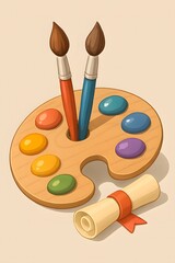 Artistic palette with brushes and diploma scroll symbolizing creative education