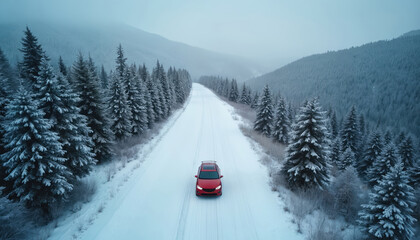 Red car drives on snow covered mountain road amidst fir trees. Aerial perspective captures winter holiday season auto travel. Foggy atmosphere, icy landscape create sense of adventure.
