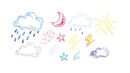 Obraz premium Hand drawn crayon weather elements clouds rain