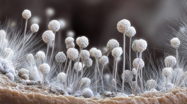 mold spores growing on bread surface, realistic view under microscope, with fuzzy hyphae and contrast in textures