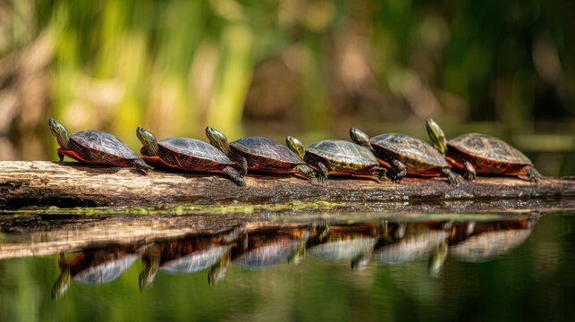 Many Colorful Painted Turtles Basking Together