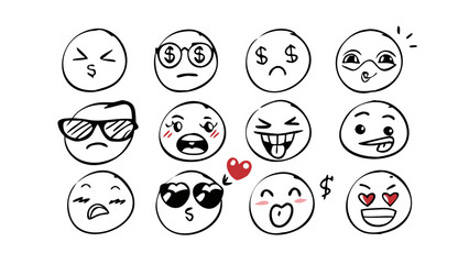 Cute cartoon emoji faces with blush and hearts doodles