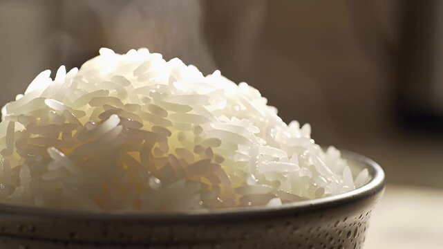 Steaming Bowl of Fluffy White Rice Detailed Studio Shot Perfect for Culinary Content and Healthy Eating Promotion and National Rice Day Ads with Glistening Texture and Warm Lighting