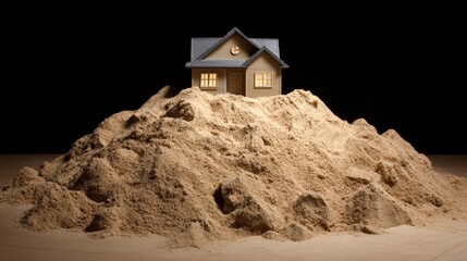 Small detailed house model perched on a mound of sand with dark background and warm glowing