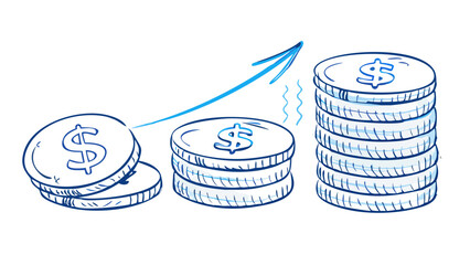 Growing stacks of coins with upward arrow money growth