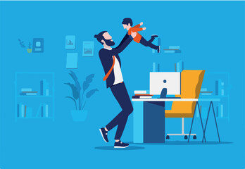 Bringing kids to office - Businessman getting a visit from his son child at work, playing around and having fun. Children in the workplace concept. Vector illustration. 