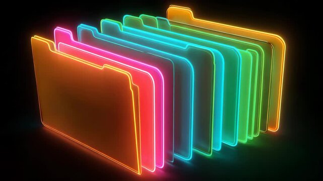 Colorful neon folders glowing in a dark background