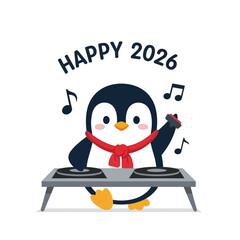 Cartoon Penguin DJ Celebrating Happy 2026 New Year