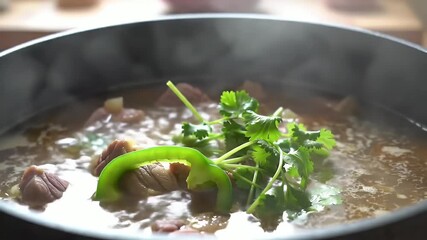 Steaming Pot of Savory Stew with Green Bell Pepper and Cilantro Garnish a Heartwarming Culinary Delight Perfect for National Soup Day Promotion Ads and a Healthy Meal Option in Rotation Close Up