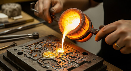 Jeweler pouring molten gold into a mold. Close-up of jewelry industry concept