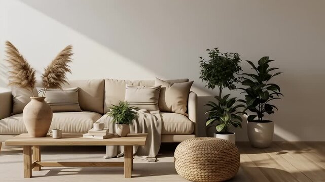 Cozy Living Room with Indoor Plants and Natural Textures in 1920x1080