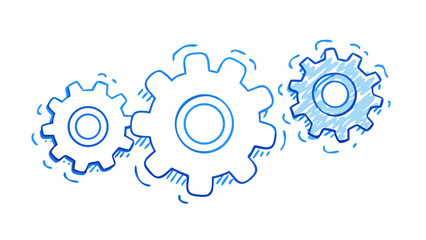 Blue gears interlocking with doodle style illustration