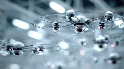 swarm of microscopic drones flying in controlled indoor space, sleek metallic design, scientific precision