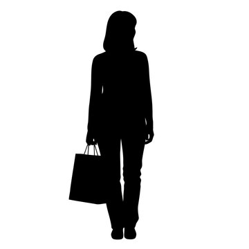 recommend clip art: Woman holding shopping bag silhouette isolated on white background