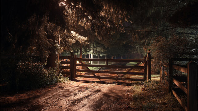 A wooden gate stands at the entrance to a forest path illuminated by a distant light source
