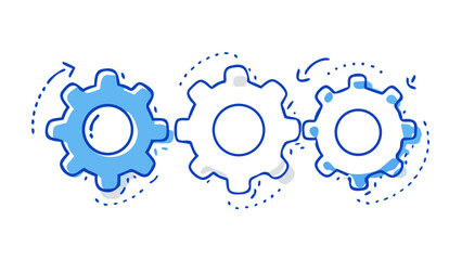 Three blue gears interlocking with dashed arrows mechanism teamwork
