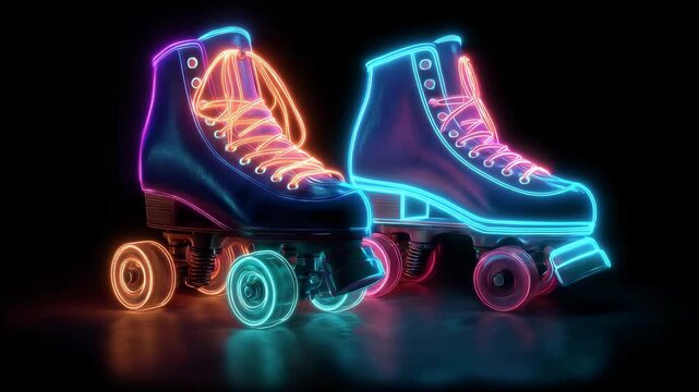 Neon roller skates light up a dark background with vibrant colors