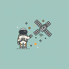 Astronaut and Satellite Illustration with Wireless Signal and Stars