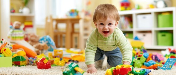 Fototapeta premium Happy smiling toddler boy playing with colorful building blocks and toys on carpet floor in playroom