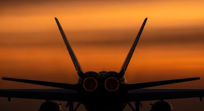 Silhouette of a powerful jet fighter aircraft with afterburners glowing against a vibrant orange sunset sky, showcasing its twin tail fins and wings.