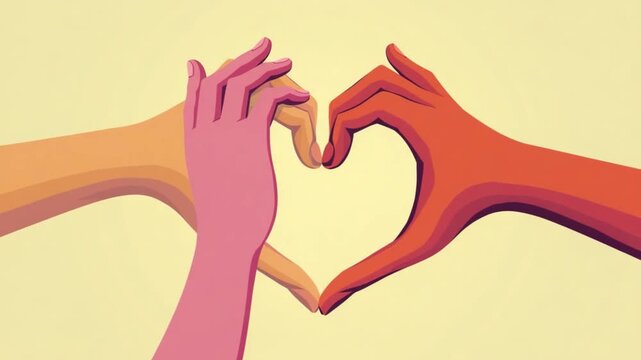 Hands forming a heart shape in a flat design animation, symbolizing love, care, and connection with vibrant, eye-catching visuals, perfect for conveying messages of unity and affection.