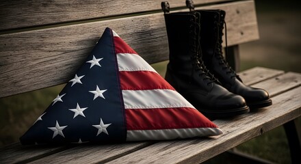 A folded American flag rests beside a pair of combat boots on a wooden bench, memorializing service.
