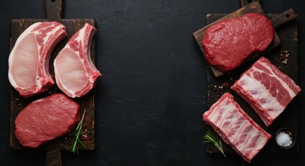 Butchers Selection Premium Raw Meats on Dark Wood Boards  Top View.