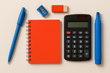 Top view of school supplies including a calculator notebook pens and eraser