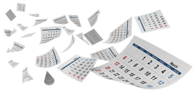 calendar pages flying in transparent background - 3d rendering