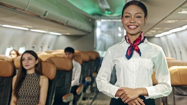 Portrait female flight attendant standing in a happy pose welcoming travelers to a safe journey : Beautiful air hostess serving on an international airline smiles and looks at the camera.