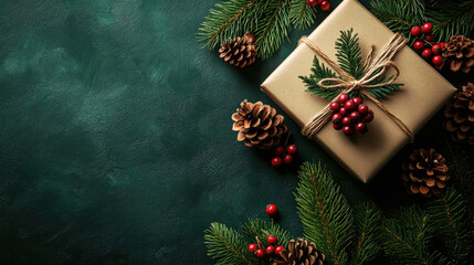 Holiday arrangement showcasing wrapped presents, skincare containers, pinecones, cranberries, evergreen sprigs against deep green surface, evoking seasonal warmth and organic elegance