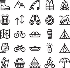 Collection of outdoor adventure and camping icons for recreation and travel activities transparent background