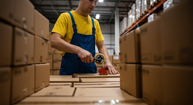 Warehouse worker sealing cardboard box with tape