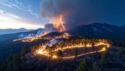 Wildfire burning forest with lightning striking and smoke rising over mountain landscape during dusk, creating dramatic natural disaster scene