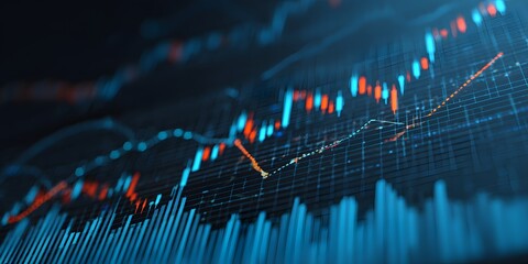 Colorful digital financial trading chart with candlestick graph, stock market analytics, data visualization and investment analysis background