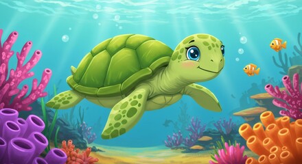 Cute Green Turtle Drifts in Ocean with Fish and Coral Reef Undersea.