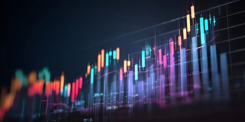 Colorful digital financial trading chart with candlestick graph, stock market analytics, data visualization and investment analysis background