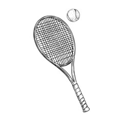 tennis racket and ball vector line art hand drawn illustration