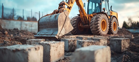 Fototapeta premium Excavator machinery at construction site with concrete blocks for building foundation project work area