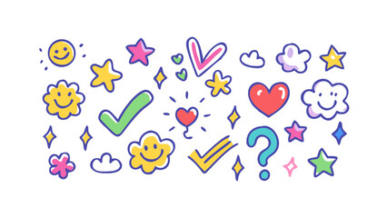 Cheerful doodle icons with smiley faces and stars vector