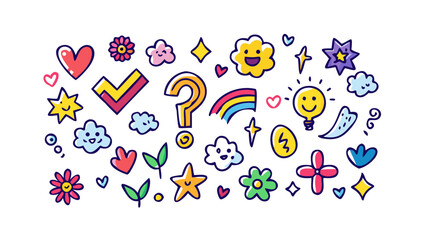 Playful cartoon doodle icons with happy faces and nature elements vector