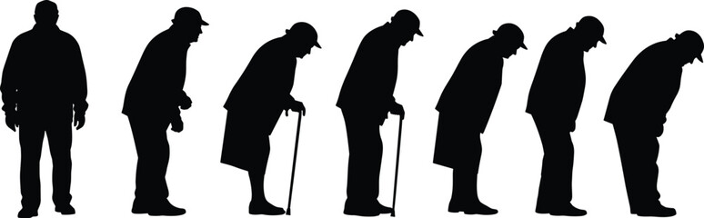Male aging silhouette progression from youth to old age, posture changes, cane support, health and life stages vector illustration design