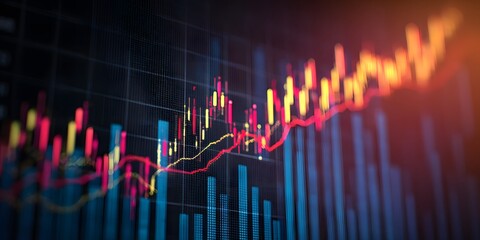 Colorful digital financial trading chart with candlestick graph, stock market analytics, data visualization and investment analysis background