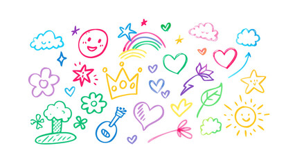 Cheerful doodle elements with rainbow and sun clouds hearts