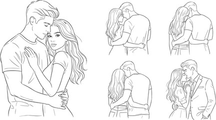 Romantic couple line art silhouettes embracing in various poses, black vector illustration of love, intimacy, affection, relationships, and emotional connection