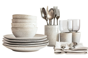 Elegant stoneware dinnerware set with silver cutlery and glasses