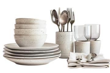 Elegant stoneware dinnerware set with silver cutlery and glasses