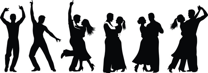 Dancing couples and solo dancers in expressive poses, ballroom and romantic dance silhouette vector illustration for performance, celebration and artistic themes