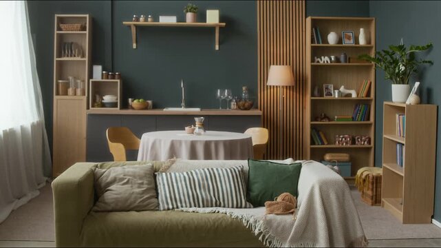 No people pan shot of modern cozy home interior with open plan living space including comfortable couch, round dining table and decorated bookshelves