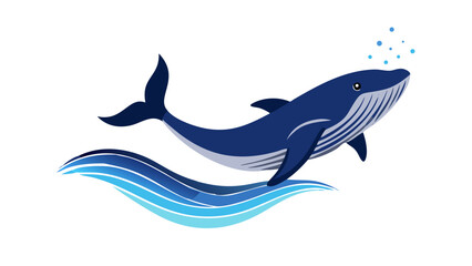 Stylized blue whale swimming through ocean waves vector